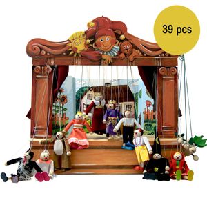 Historisches Holz Puppentheater Maxi mit 14 Puppen und 8 Bühnenbildern