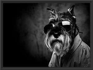 Lustiger Hund mit Hemd und Sonnenbrille, Monochrome im Schattenfugen Bilderrahmen / Format: 80x60 im Schattenfugen-Bilderrahmen / Kunstdruck auf hochwertigem Galeriekarton / hochwertige Leinwandbild Alternative