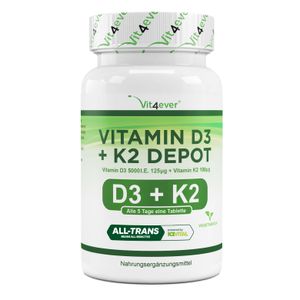 Vitamin D3 + K2 Depot - 240 Tabletten mit 5000 I.E + Vitamin K2 200 mcg pro EINER Tablette - 99,7+% All-Trans (K2VITAL® von Kappa) - Labor - Hochdosiert