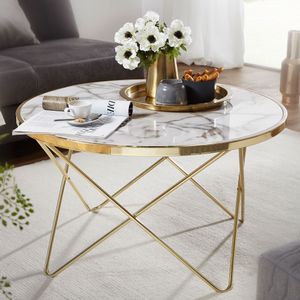 FineBuy designový konferenční stolek mramorový vzhled bílý kulatý Ø 85 cm zlatý kovový rám, velký obývací stůl, odkládací stolek