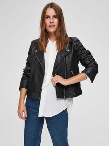 Damen SELECTED Kurze Leder Jacke Lammleder Biker Jacket SLFKATIE Cropped Style Coat, Farben:Schwarz, Größe:44