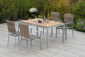 Merxx Gartenmöbelset "Savona" 5tlg. mit Tisch 150 x 90 cm - Aluminiumgestell Silber mit Kunststoffgeflecht Naturgrau und Akazienholz