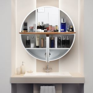COSTWAY Rundes Waschtisch zur Wandmontage, Wandklapptisch Schminktisch mit ausklappbarer Tischplatte, 7 Fächern und Spiegel, Weiß Ohne Hocker