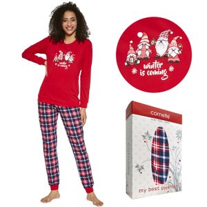 Zweiteiliger Damen Winter Schlafanzug - GNOM Pyjama Set - Lange Weihnachtspyjamas in Rot - Baumwolle - Größe XL