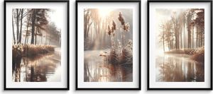 Boho-Wald Poster für die Wand im Wohnzimmer – Set aus 3 Postern: Morgen, Gras, See (3x 30x40 cm)