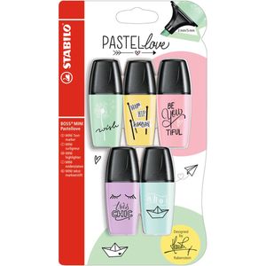 Textmarker - STABILO BOSS MINI Pastellove - 5er Pack - Hauch von Minzgrün, pudriges Gelb, rosiges Rouge, Schimmer von Lila, zartes Türkis