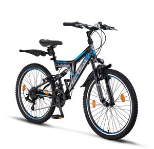 Chillaxx Bike Falcon Premium Mountainbike in 24 und 26 Zoll - Fahrrad für Jungen, Mädchen, Damen und Herren - Scheibenbremse- 21 Gang-Schaltung - Vollfederung, Farbe:Schwarz-Blau V-Bremse, Größe:24 Zoll