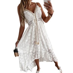 Plážové šaty Letní dámské rozcuchané šaty s výstřihem do V, bílé, XL