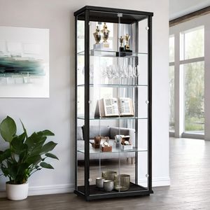 K-Möbel Glasvitrine stehend in Schwarz (176x67x33 cm) mit 4 höhenverstellbaren Glasböden, Spiegel, Schloss & LED - Standvitrine - Vitrinenschrank