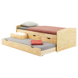 Bett mit Stauraum JESSY aus massiver Kiefer natur, schönes Jugendbett mit 3 Schubladen, praktisches Funktionsbett mit Auszugbett, gemütliches Bett in 90 x 190 cm