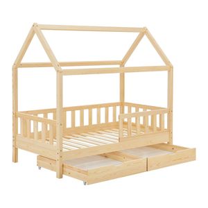 Juskys Kinderbett Marli 80 x 160 cm - Bettkasten, Gitter, Lattenrost & Dach - Holz Natur