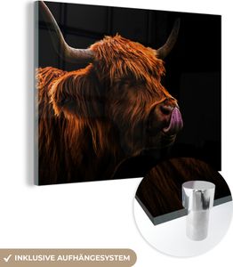 MuchoWow® Glasbilder - Bilder auf Wandbild - Foto auf Glas Schottisches Hochlandrind - Zunge - Nase 80x60 cm Wanddekoration aus Glas - Acrylglasbild - Acrylbilder - Wanddekorationen