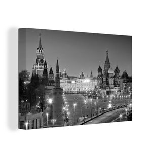 OneMillionCanvasses® - Leinwandbilder - 120x80 cm, Nahaufnahme der beleuchteten Gebäude des Kremls in Moskau - schwarz-weiß, Wandbilder Kunstdruck Wanddekoration - Wanddekorationen - Wohnzimmer