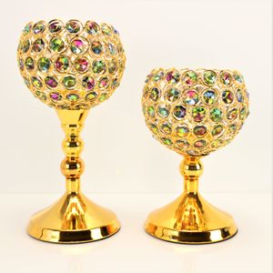2 edle Glaskelche aus Metall mit Glas Kristallen dekoriert - Kerzenhalter, Kerzenständer Gold, Multicolor