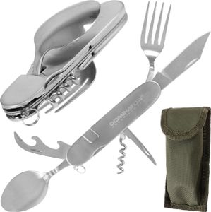 Dominator Camping-Utensilenset 6in1, Touristisch Set Messer, Gabel, Löffel, Korkenzieher, Flaschenöffner, Dosenöffner Touristik-Besteck aus Edelstahl