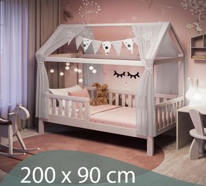 SET: Hausbett HEIM 90x200 cm mit Matratze und Deko-Set in weiß