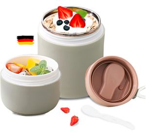 2-lagig 800ml Edelstahl Thermo Lunchbox Brotdose mit Löffel und Deckel Grün Lunchboxen