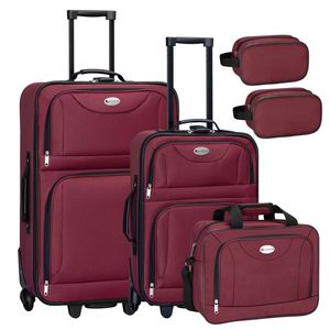 Juskys Súprava textilných kufrov 5 kusov s 2 kuframi, taškou cez rameno a 2 kozmetickými taškami - bordeaux