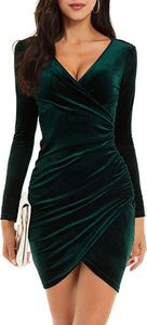 ASKSA Damen Kleid Langarm Festlich V-Ausschnitt Elegant Abendkleid Kurz Weihnachtskleid Partykleid Samtkleid, Grün, M