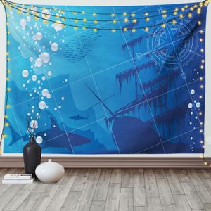 ABAKUHAUS Unterwasser- Wandteppich, Haie Schiffskompass, Wohnzimmer Schlafzimmer Wandtuch Seidiges Satin Wandteppich, 150 x 100 cm, Blau Weiss