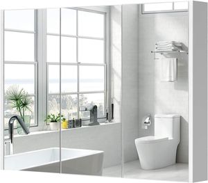 Spiegelschrank Bad, Haengeschrank Wandschrank mit 3 Türen, Badezimmerspiegel mit verstellbaren Ablagen, Badezimmerschrank Badschrank 90x11x65 cm, weiss