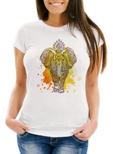 Damen T-Shirt Mandala Elefant Elephant Boho Ethno Slim Fit Neverless® weiß-bunt XXL