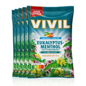 VIVIL Eukalyptus-Menthol Hustenbonbons ohne Zucker | 5 Beutel x 120g