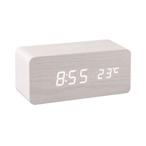 Digitaler Holzwecker Elektronische LED-Zeitanzeige 10W Kabelloses 3 Alarmeinstellungen Datums- und Temperaturanzeige,  Weiss