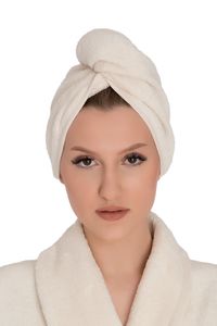 Ručník na sušení vlasů _ Tuva Home - ručník na vlasy s knoflíkem Pohodlný turban - barva přírodní bavlny Ecru 100% bavlněné froté