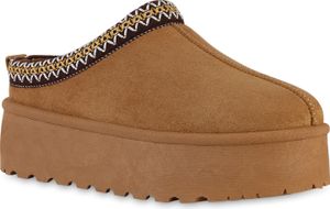 VAN HILL Damen Warm Gefütterte Pantoffeln Bequeme Plateau Prints Schuhe 840601, Farbe: Hellbraun, Größe: 38