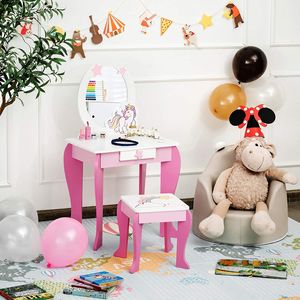 COSTWAY Kinderschminktisch mit Hocker, Schublade und Spiegel, Frisiertisch für Kinder rosa