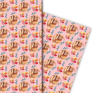 Süßes Oster Geschenkpapier mit puscheligem Osterhasen und Blumen, rosa - G8078, 32 x 48cm