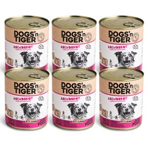 Dogs'n Tiger Adult Premium krmivo pro psy, večerní moučka, vlhké krmivo, bez obilovin, jehněčí, pastinák a zdravé bylinky, 6x800g