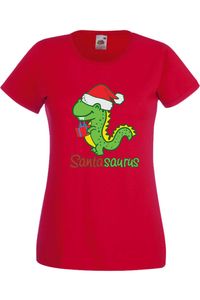 Santasaurus Christmas Damen T-Shirt Christmas Tree New Year Eve Holiday Gift, S / Rot