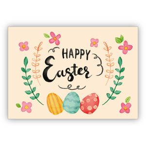 Wunderschöne handgemalte Osterkarte, mit Blüten und Ostereiern "Happy Easter"