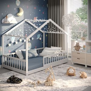 CADANI Malte Hausbett 120x200 cm Bodenbett Weiß, Flexibler Rausfallschutz, Kinderbett Umbaubar, Montessori Design, Holzbett mit Lattenrost