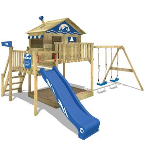WICKEY Spielturm Klettergerüst Smart Seaway mit Schaukel & blauer Rutsche, Baumhaus mit Sandkasten, Treppe & Spiel-Zubehör