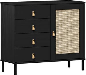Sideboard 90 cm breit in Kiefer massiv schwarz mit Kunststoffgeflecht, WATFORD-69