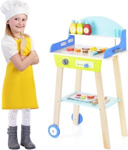 Kindergrill, BBQ Spielzeug mit 21 TLG. Zubehör, Kinderküche mit Grillzange & Gewürzen, Kinder Grill Holz mit Rädern für Kinder ab 3 Jahren