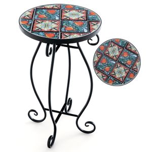 Bočný stolík COSTWAY ∅30x50cm, okrúhly mozaikový stolík, záhradný bistro stolík, z kovu, keramiky, farebný