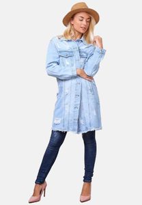 Damen Lange Jeans Jacke | Oversized Denim Übergangsjacke | Detroyed Design Fransen Blazer , Farben:Hellblau, Größe:M