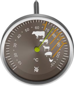 WMF Fleischthermometer analog 6,3 cm, Bratenthermometer mit Garpunkte-Markierungen für Steak Rind Kalb Lamm Schwein Geflügel, Sonde bis 110°C