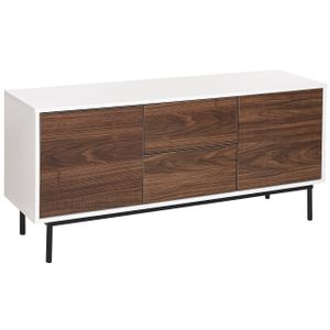 BELIANI Sideboard Dunkler Holzfarbton und Weiß Faserplatte Stahl 120 x 38 x 55 cm Holzoptik Schubladen Türen Tip-on Technik Metallgestell Wohnzimmer