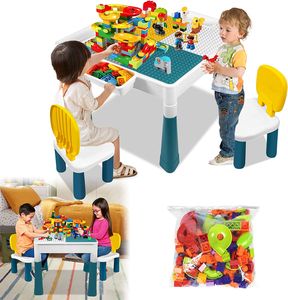 ACXIN 6 in 1 Kindertisch Stuhl Set Aktivitätstisch Set Kindertisch Basteltisch mit 2 Stühle und 163 Bausteinen Multifunktionaler (Mit Blöcken)