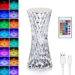 Stolní lampa Crystal Diamond, 16 barev USB nabíjecí dotyková lampa na noční stolek s dálkovým ovládáním, LED stolní lampy s akrylovými paprsky
