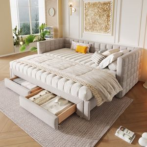 MODFU Daybett, Ausziehbett 90x200cm  Schlafsofa Jugendbett Kinderbett Tagesbett,t mit quadratischer Rückenlehne,(ausziehbar auf 180 Queensize), 2 Schubladen, Ohne Matratze, Beige