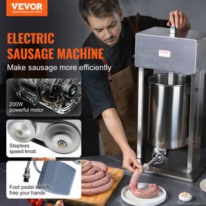 VEVOR elektrický pasírovač klobás, vertikální pasírovač masa o objemu 12 litrů / 25 liber, motor 200 W, plynulá regulace otáček a nožní pedál, vyrobeno z potravinářské nerezové oceli 304, 5 plnicích trubek pro domácí i komerční použití