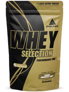 Whey Selection - 900g : Peanut Chocolate Chip I 30 Portionen I Mehrkomponenten Protein I Whey Isolat I Whey Konzentrat I Whey Hydrolysat I Sojaprotein Isolat I Zugesetztes L-Leucin I Muskelaufbau