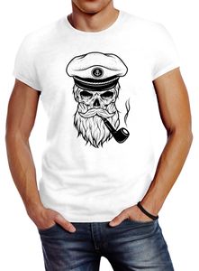 Herren T-Shirt Totenkopf Kapitän Captain Skull Hipster Slim Fit Neverless® weiß S
