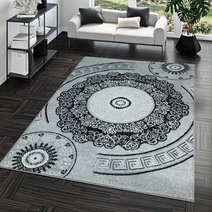 Kurzflor Wohnzimmer Teppich Vintage Mandala Muster Orient Optik Grau Schwarz Größe 120x170 cm